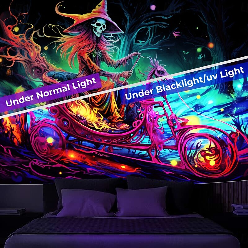 Halloween Blacklight Tapestry Skull Car UV Reactive Glow in the Dark Glow Party Psychedelic Trippy Misty Hanging Tapestry Wall Art Mural for Living Room Bedroom4