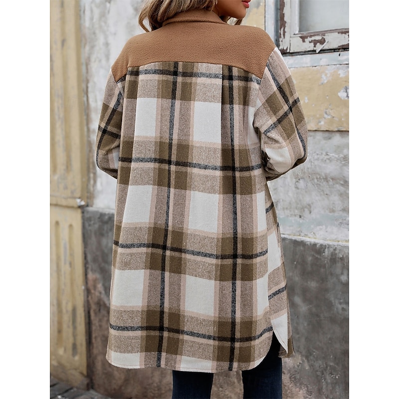 Women's Coat Outdoor Street Daily Wear Fall Winter Regular Coat Regular Fit Thermal Warm Breathable Stylish Casual Jacket Long Sleeve Stripes and Plaid with Pockets Coffee2