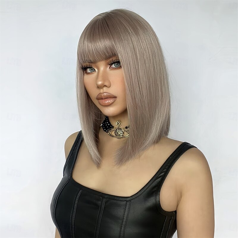 Cosplay Costume Wig kinky Straight Natural Straight Bob Neat Bang With Bangs Wig 10 inch Light golden Synthetic Hair Women's Elastic Adorable Comfortable Blonde4
