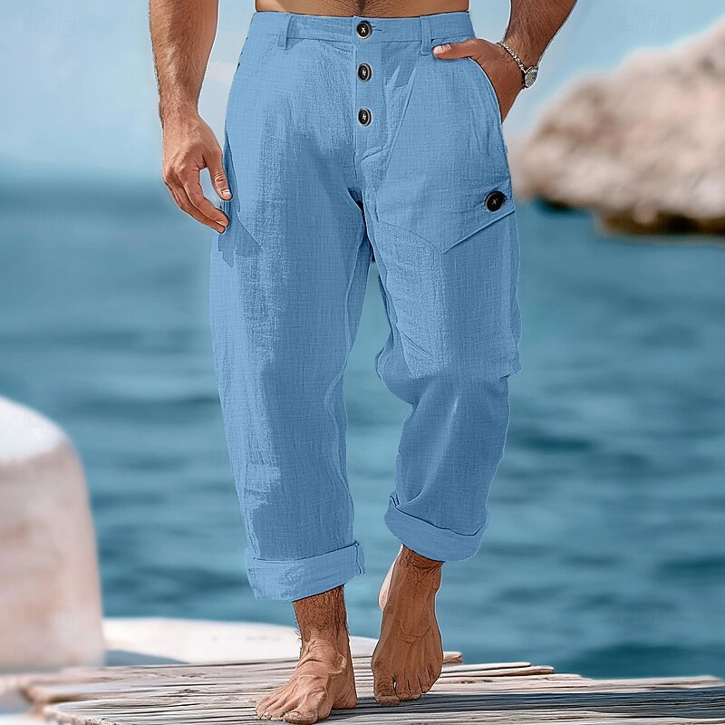 Men's Linen Pants Trousers Summer Pants Beach Pants Front Pocket Straight Leg Plain Comfort Breathable Full Length Casual Daily Holiday Vacation Fashion White Blue Micro-elastic2
