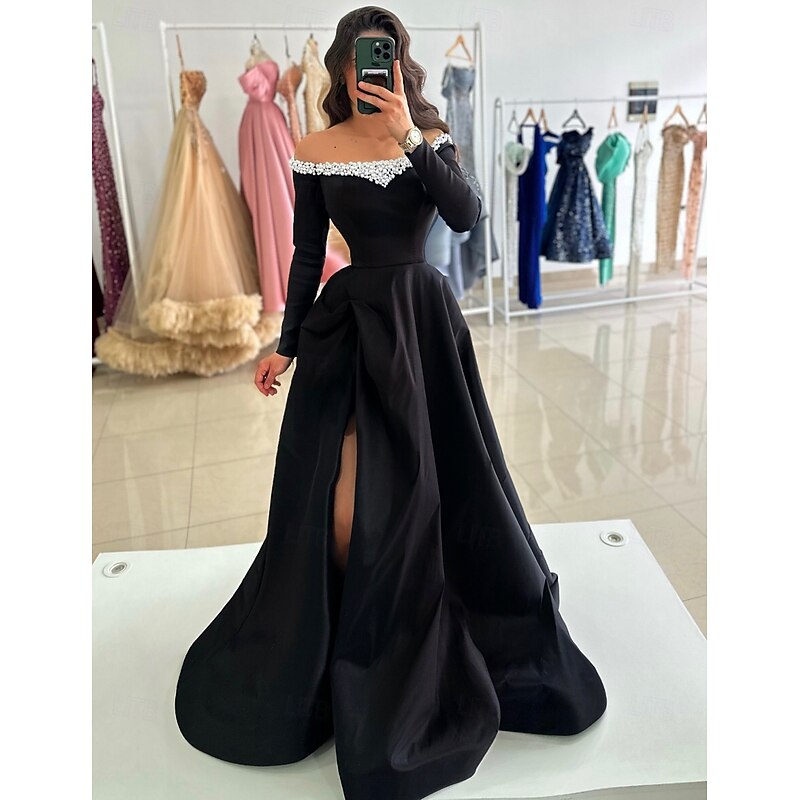 A-Line Evening Gown Elegant Dress Formal Floor Length Long Sleeve Off Shoulder Pocket Satin with Pearls4