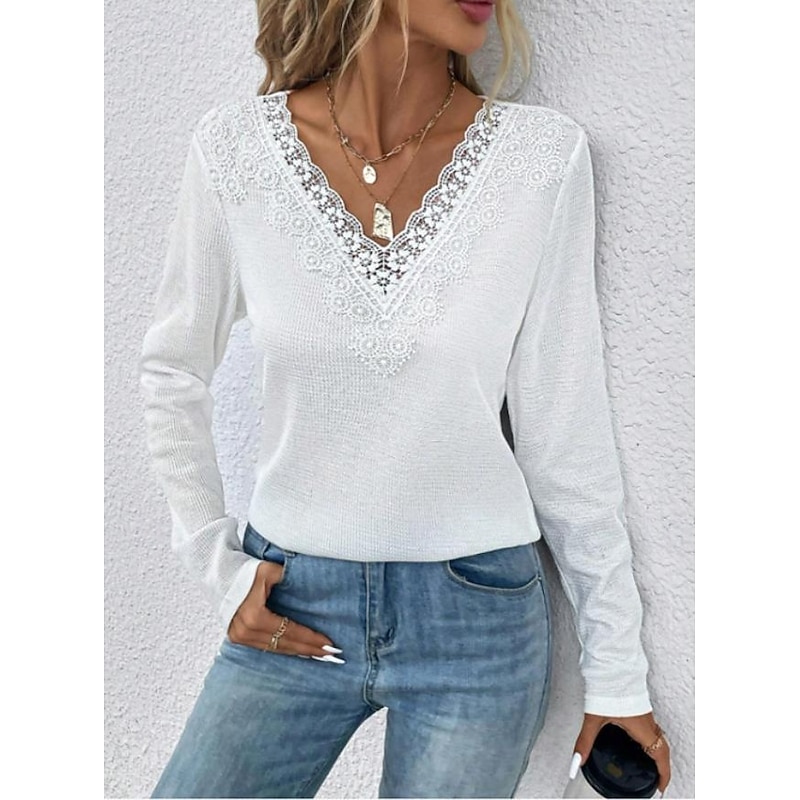 Women's White Elegant Lace Tops Eyelet Blouse Casual Lace Long Sleeve Regular Tops V Neck Daily Romantic Petite Tops Summer Holiday Wear White Spring Fall Semi Formal Blouses