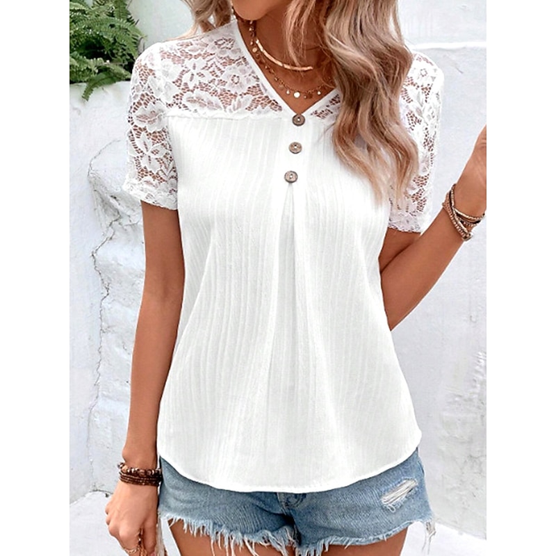 Women's White Elegant Lace Tops Eyelet Blouse Casual Solid Color Regular Tops Short Sleeve V Neck Lace Patchwork Buttons Regular Fit Daily White Romantic Petite Tops Summer Holiday Wear4