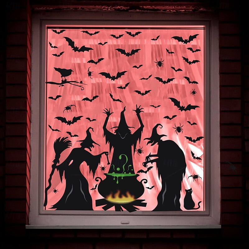 4 Sheets Halloween Window Cling Sticker Decals Decorations Double Side, Witch Bat Ghost Spider Silhouette Stickers for Halloween Party Window and Wall Decor4
