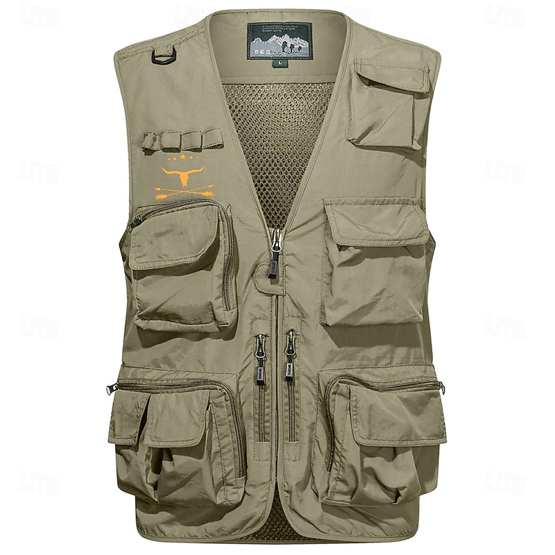 Men's Graphic Cow Vest Waistcoat Gilet Tactical Practical Removable Casual Sports Outdoor Fishing Photography Quick Dry Mesh Double Layered Fall Winter Collarless Sleeveless khaki Army Green