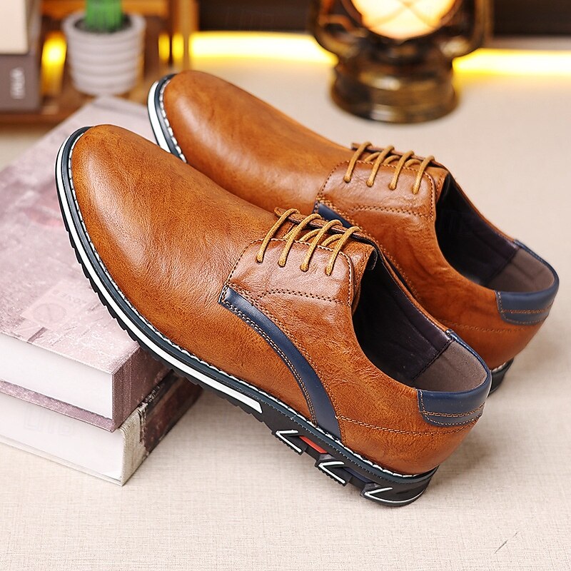 Men's Tan Faux Leather Oxford Shoes with Contrast Stitching and Rubber Sole, Stylish and Comfortable for Casual and Dressy Occasions2