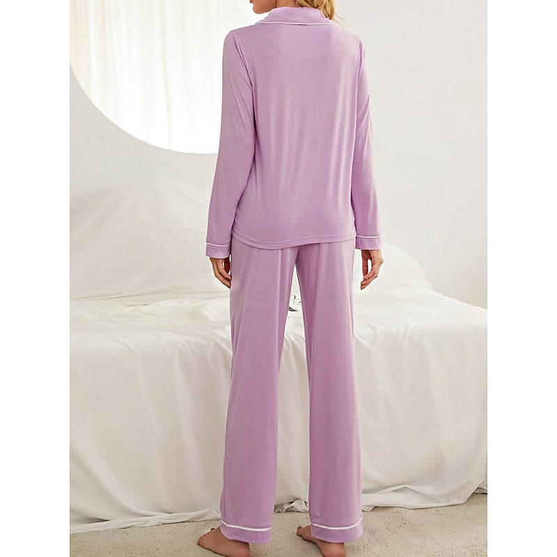 Women's Pajamas Sets Pure Color Fashion Basic Comfort Home Daily Bed Breathable Lapel Long Sleeve Shirt Pant Button Pocket Fall Winter Home Outfits 7
