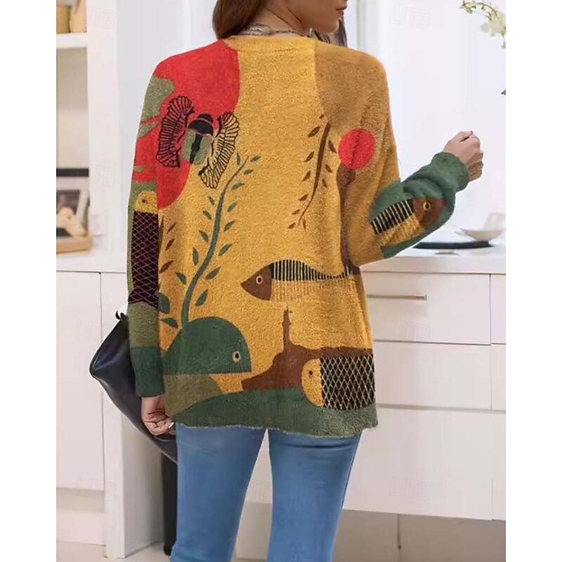 Women's Sweater Cute Streetwear Casual Graphic Animal Crew Neck Knitted Long Sleeve Long Tops Knit Work Yellow Fall Winter3