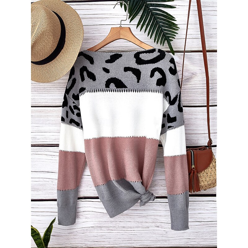 Women's Sweater Pullover Sweater Jumper Casual Sweater Casual Soft Leopard Striped Ribbed V Neck Knitted Long Sleeve Regular Tops Knit Outdoor Daily Weekend Pink Fall Winter2