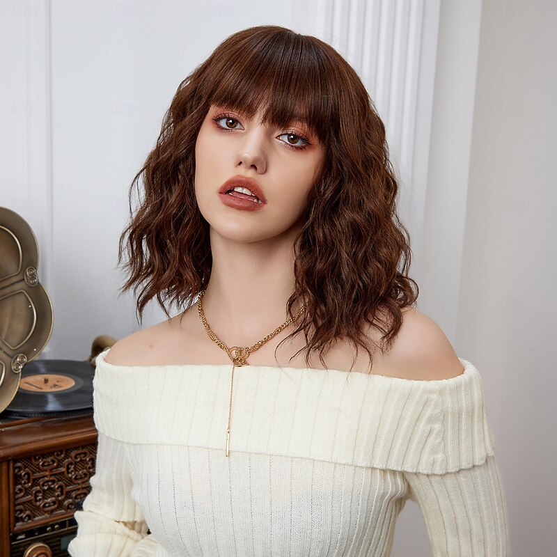 Cosplay Costume Wig Curly Bouncy Curl Bob Neat Bang With Bangs Wig 14 inch sepia Synthetic Hair Women's Elastic Adorable Comfortable Brown2