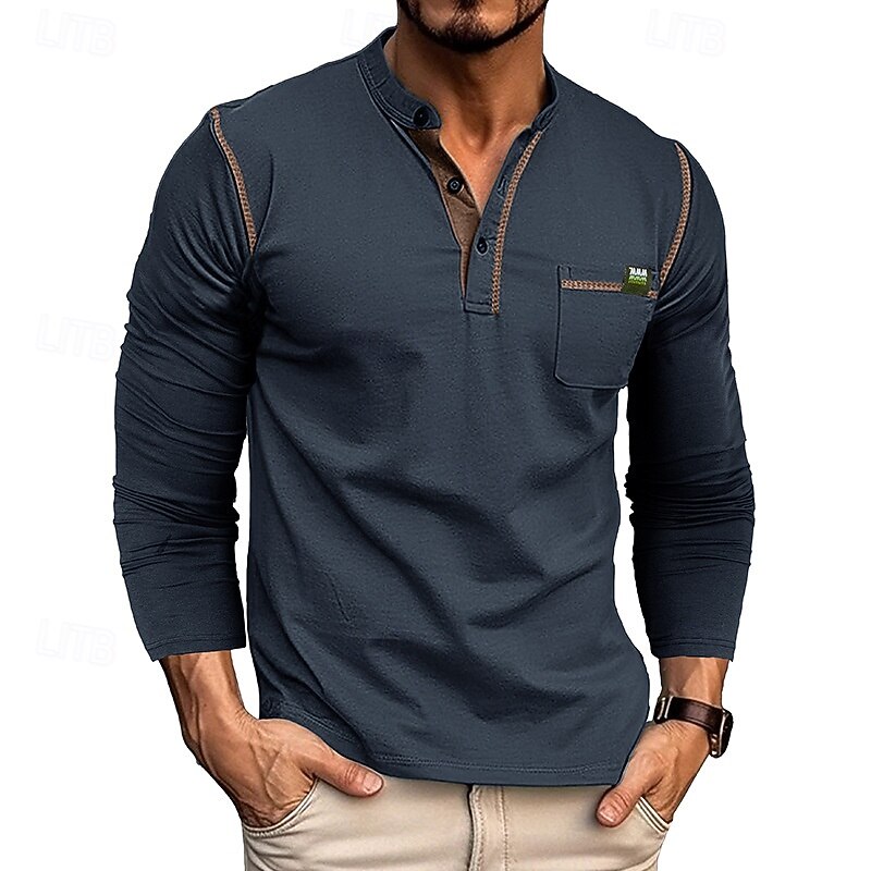 Men's Button T Shirt T Shirt Henley Shirt Tee Long Sleeve Henley Spring &  Fall Color Block Fashion Designer Basic Patchwork Vacation Street Going out Black White Wine Top Tee for Men