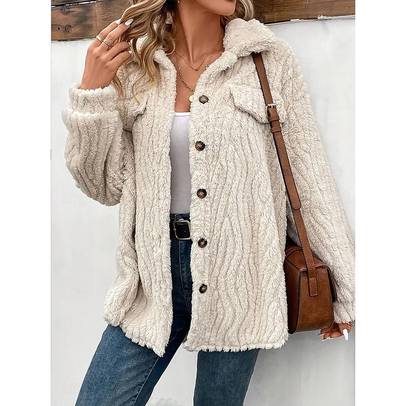 Women's Fleece Jacket Teddy Coat Warm Breathable Buttons Pocket Casual Plain Vacation Street Daily Wear Going out Cardigan Turndown Regular Fit Long Sleeve Outerwear Apricot Fall Winter2