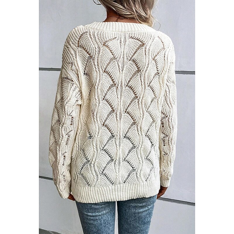 Women's Sweater Stylish Solid Color V Neck Hollow Out Long Sleeve Regular Tops Knit Work Black Green Fall Winter2