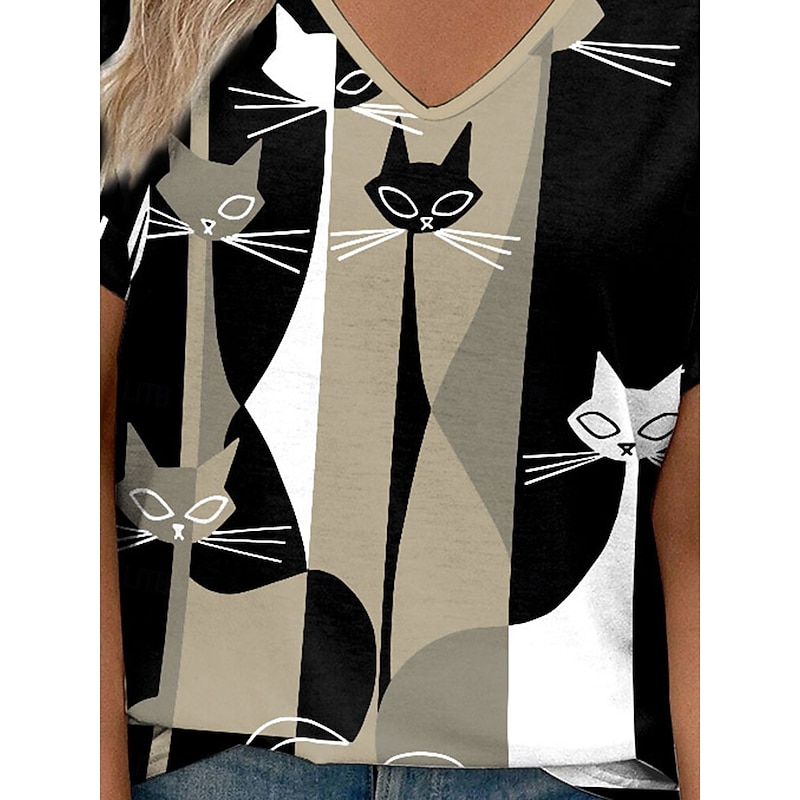 Women's T Shirt Casual Color Block Cat Print Short Sleeve Regular Tops V Neck Daily Khaki Summer3