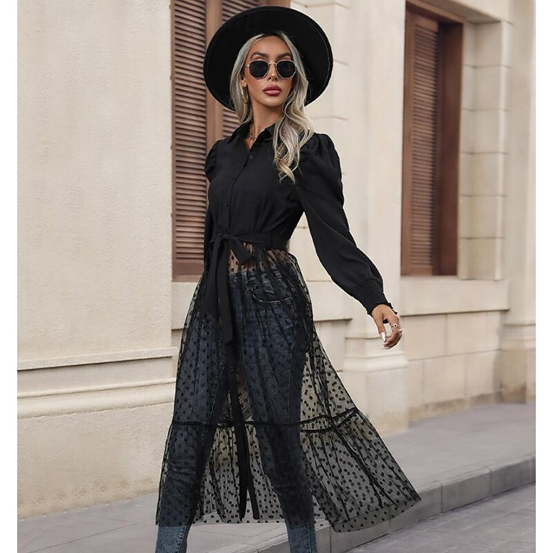 Women's Maxi Dress Black Dress Cocktail Dress Formal Dress Plain Dress Elegant Vintage Casual Street Date Loose Fit Plain Long Sleeve Shirt Collar Black Spring Fall2