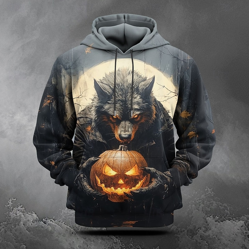 Halloween Men's Pumpkin Werewolf Hoodie Hoodies Sweatshirt Fashion Cool Long Sleeve Hooded Black Pocket 3D Print Fall Winter Designer