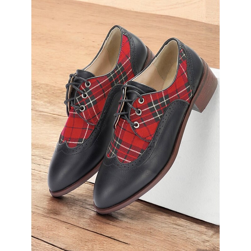 Women's Black Leather Oxford Shoes with Red Tartan Plaid Panels - Vintage Style for Formal and Casual Wear2