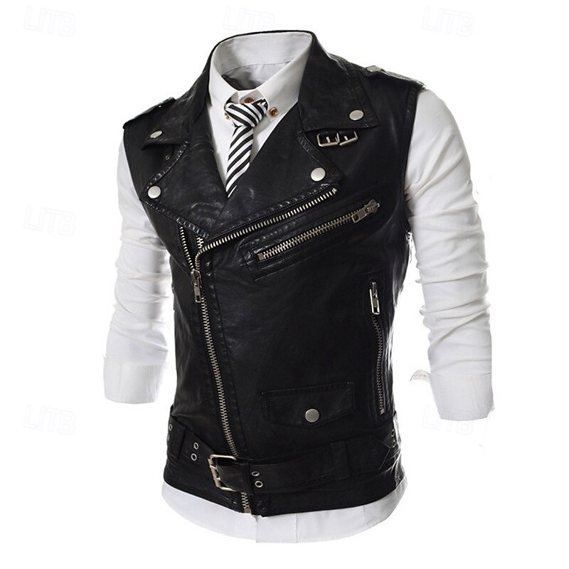 Men's Vest Gilet Leather Vest Daily Date Vacation Fashion Casual Spring &  Fall Pocket Polyester Comfortable Plain Zipper Lapel Regular Fit Black White Red Vest4