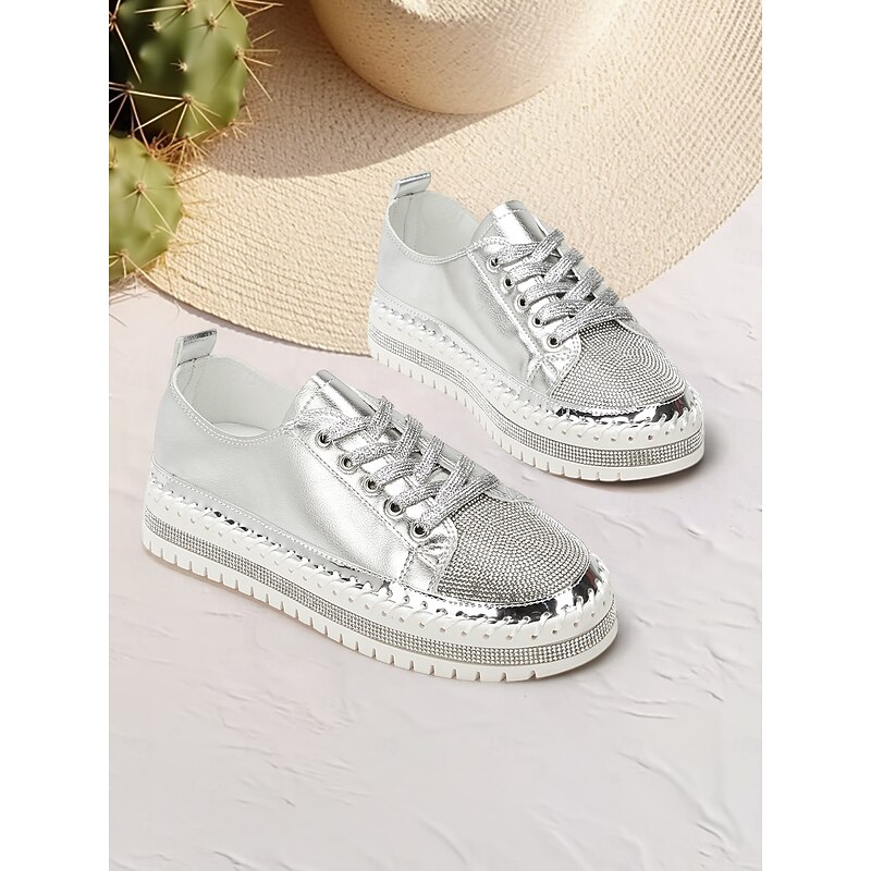 Women's Silver Rhinestone Lace-Up Sneakers - Stylish and Comfortable Shoes for Casual Wear2