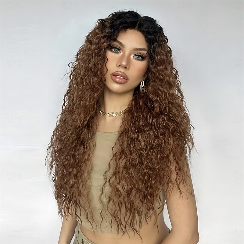 Synthetic Lace Wig Curly Style 26 inch Brown with Golden Highlights Middle Part 13x5x1 Lace Front Wig Women's Wig Black Brown3
