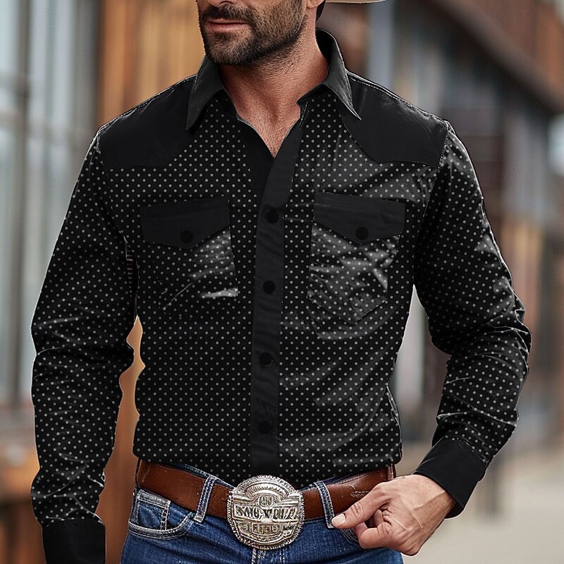 Men's Cowboy Western Shirt Button Up Shirt Cowboy Shirt Long Sleeve Vintage Western Daily Holiday Fall Winter Spring & Summer Turndown Collared Shirts 3D Print Black
