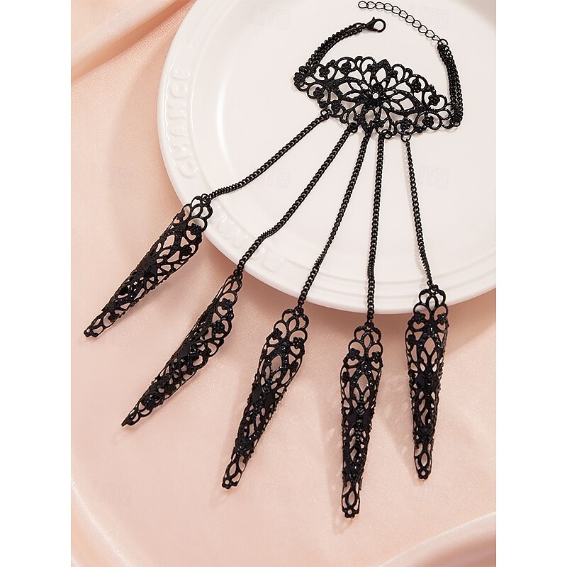 Women's Gothic Black Lace Finger Armor with Chains, Intricate Halloween Costume Jewelry for Cosplay and Special Occasions4