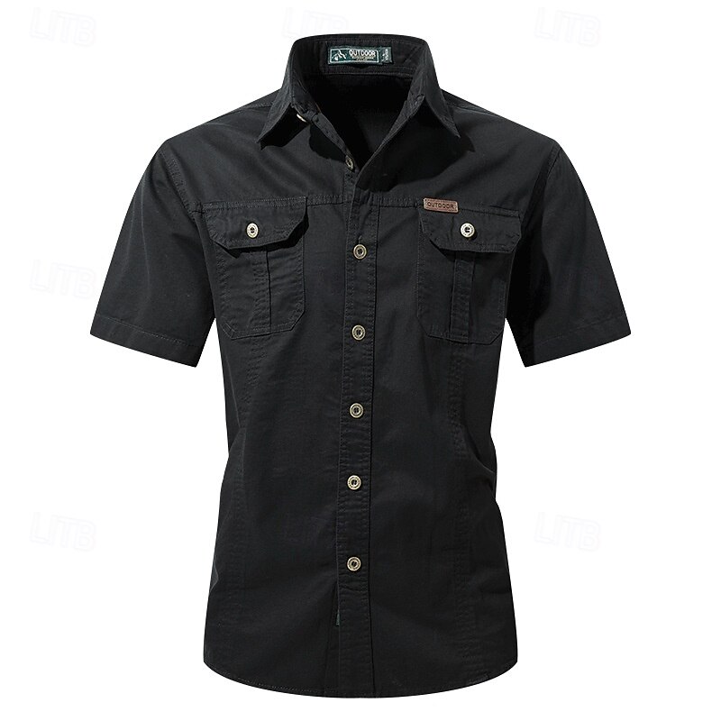 Men's Shirt Workwear Shirts Casual Shirt Work Shirt Button Up Shirt Black Blue khaki Army Green Gray Short Sleeve Plain Lapel Vacation Holiday Pocket Clothing Apparel 100% Cotton Fashion Casual3