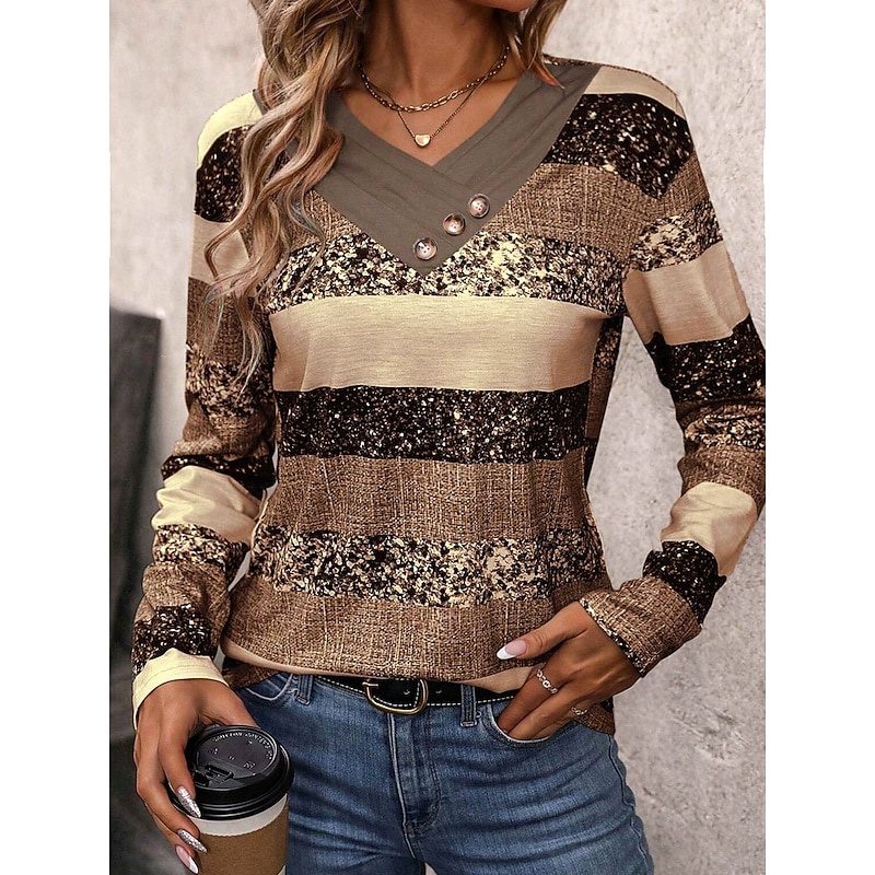 Women's Tunic Stylish Casual Print Long Sleeve Regular Tops V Neck Daily Light Brown Spring Fall - Main Image