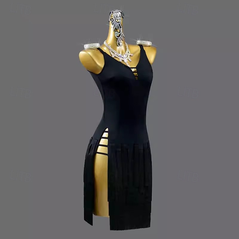 Latin Salsa Dance Dress Tassel Pure Color Splicing Women's Performance Training Sleeveless Chinlon3