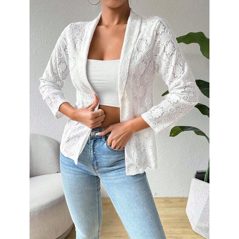 Women's Jacket Dailywear Lace Solid Color Windproof Vintage Regular Fit Outerwear Long Sleeve Spring White S3