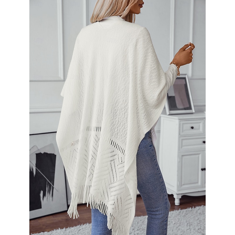 Women's Shrug Stylish Casual Solid Color Ribbed Open Front Tassel Knitted Sleeveless Regular Tops Knit Outdoor Daily White Khaki Fall Winter2