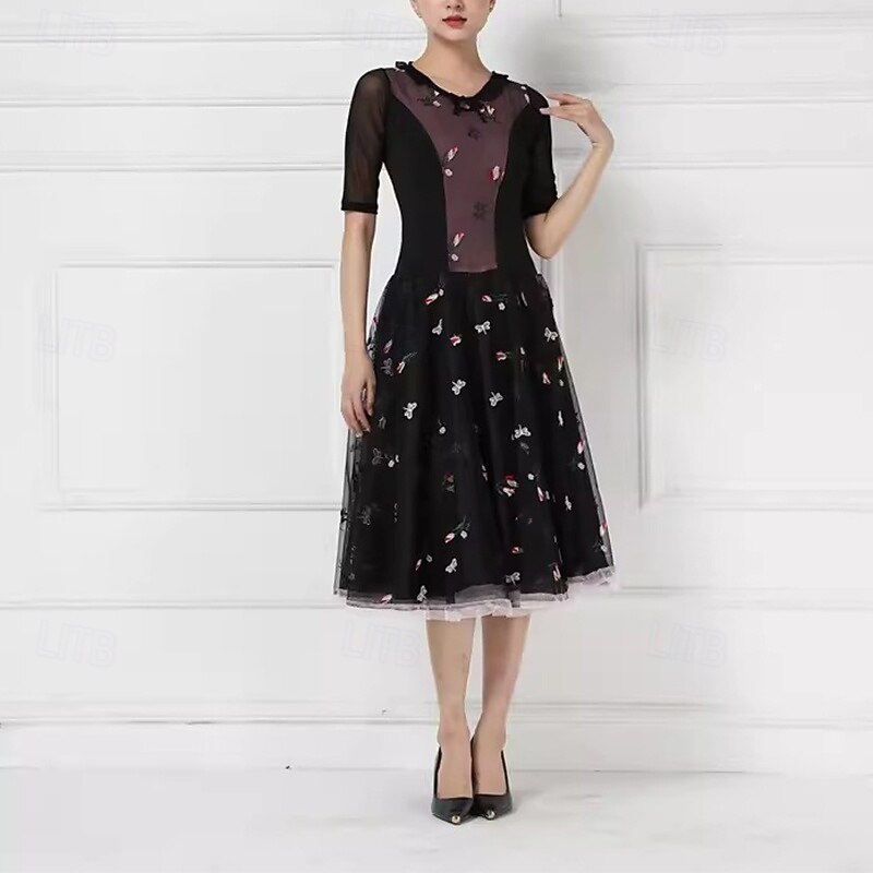 Ballroom Dance Dress Embroidery Splicing Women's Performance Party Short Sleeve Crystal Cotton Mesh3