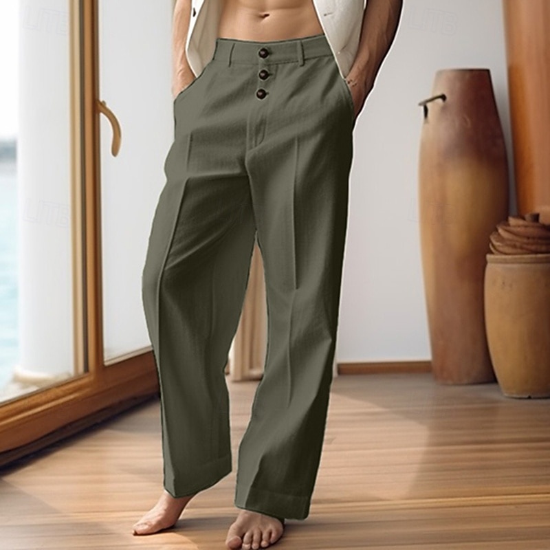 40% Linen Men's Linen Pants Trousers Summer Pants Pocket Buttons Straight Leg Plain Comfortable Breathable Vacation Office / Career Daily Classic Casual Black White2