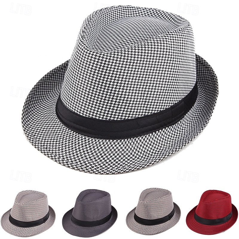Men's Kentucky Derby Hat Sun Hat Wild Brim Hat Top Hat Black Yellow Polyester Fashion Casual Street Daily Houndstooth Breathable
