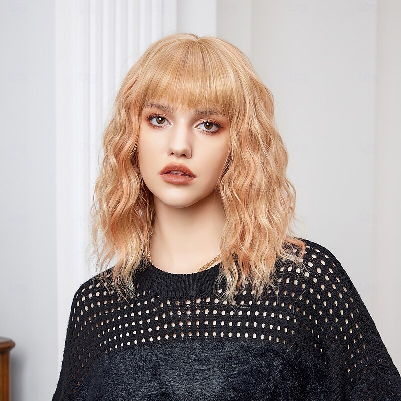 Cosplay Costume Wig Curly Bouncy Curl Bob Neat Bang With Bangs Wig 14 inch Gold Pink Synthetic Hair Women's Elastic Adorable Comfortable Pink2