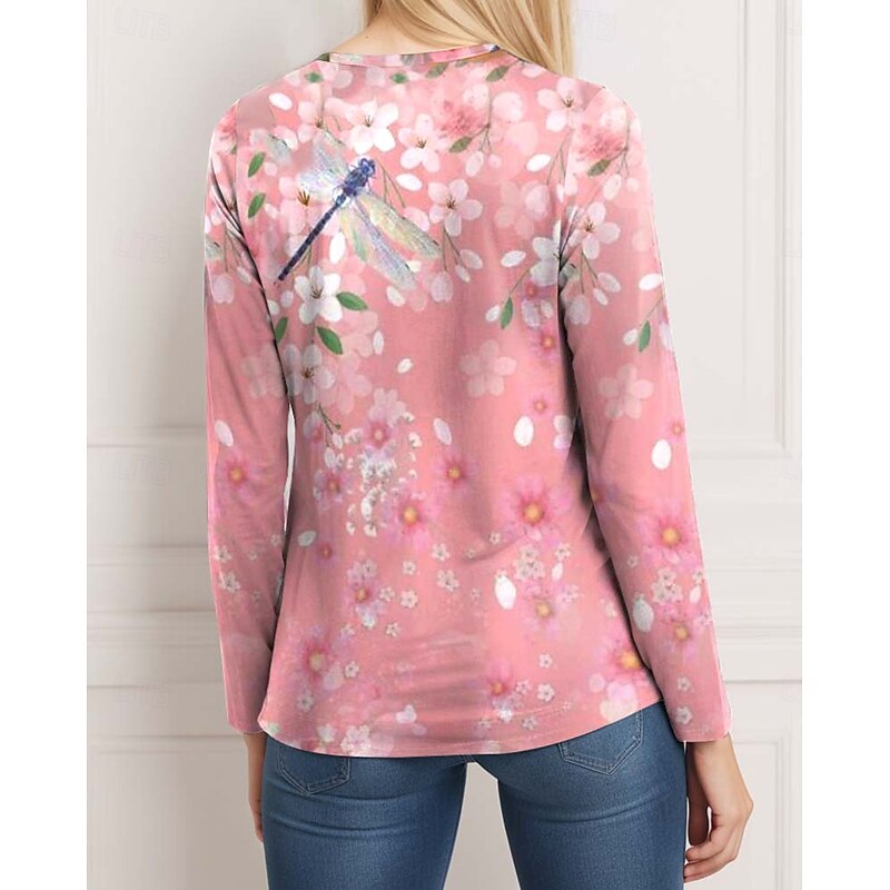 Women's T shirt Crew Neck Long Sleeve Tunic Casual Print Regular Tops Daily Pink Spring Fall2