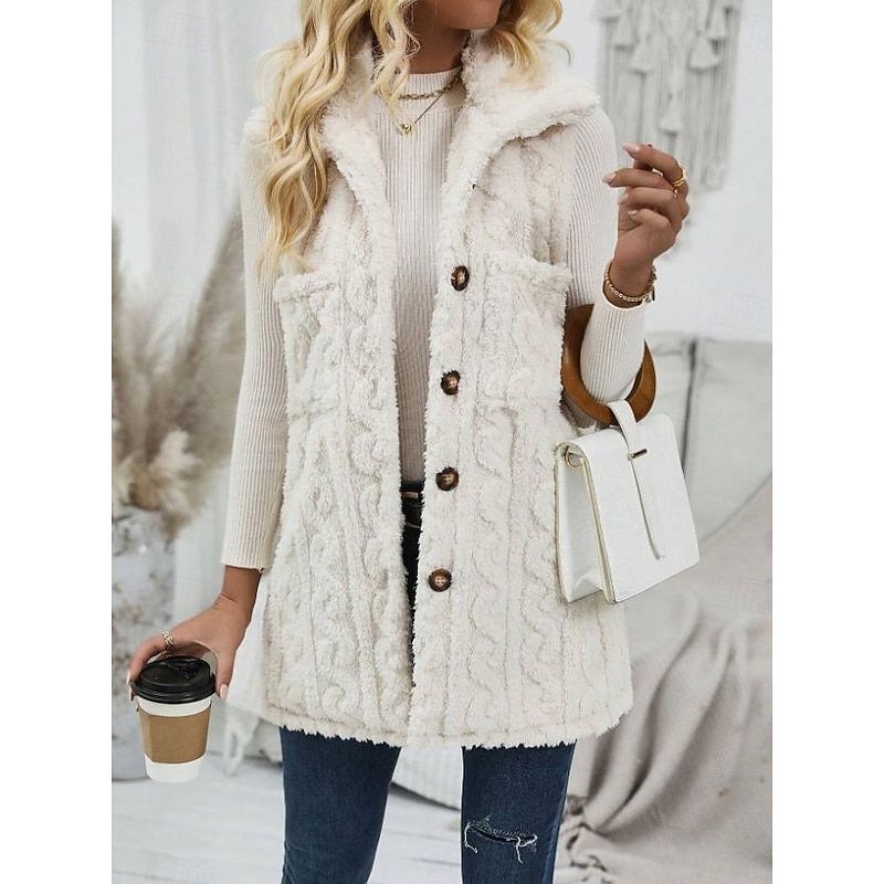 Women's Fleece Jacket Teddy Coat Warm Breathable Buttons Pocket Casual Plain Vacation Street Daily Wear Going out Single Breasted Regular Turndown Regular Fit Sleeveless Outerwear White Fall Winter