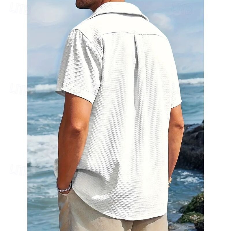 Men's Waffle Shirt Summer Shirt Casual Shirt Waffle Knit Shirt Black White khaki Beige Light Blue Short Sleeve Textured Fashion Solid / Plain Color Turndown Vacation Holiday Pocket Clothing Apparel2
