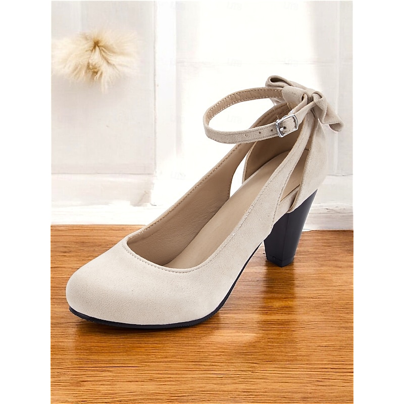 Beige Suede Bow Accent Mid Heel Pumps with Ankle Straps - Elegant Women's Shoes for Office, Weddings, and Formal Occasions