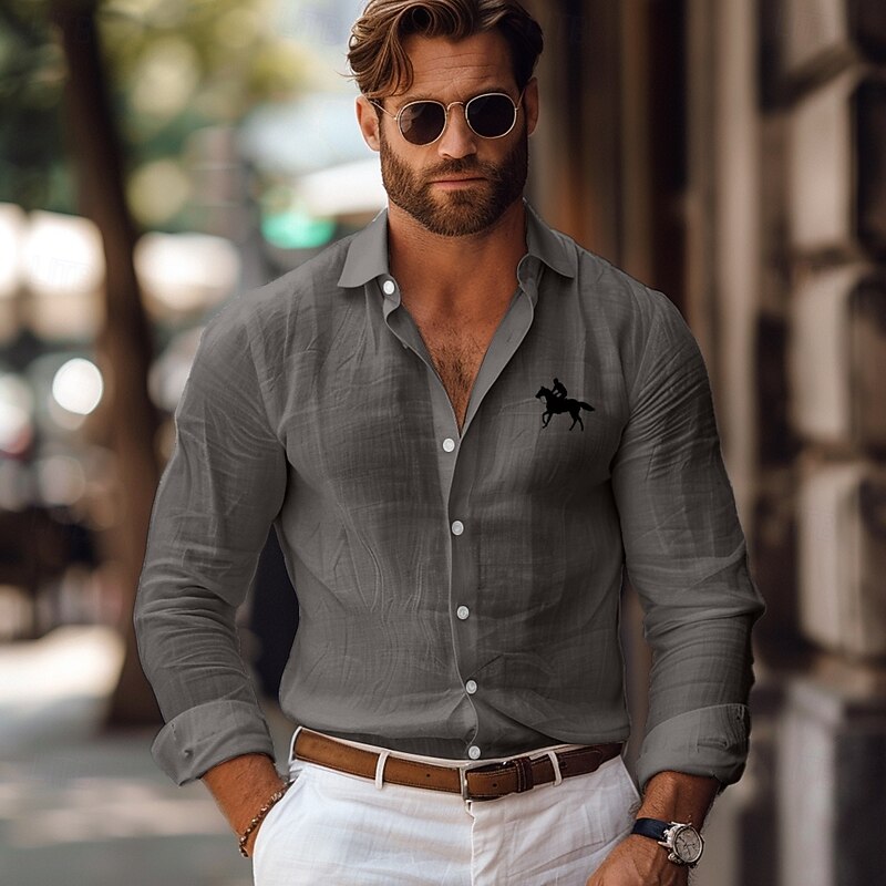 Men's Linen Shirt Horse Outdoor Vacation White Pink Green Gray Long Sleeve Lapel Spring Fall Clothing Apparel Button Up3