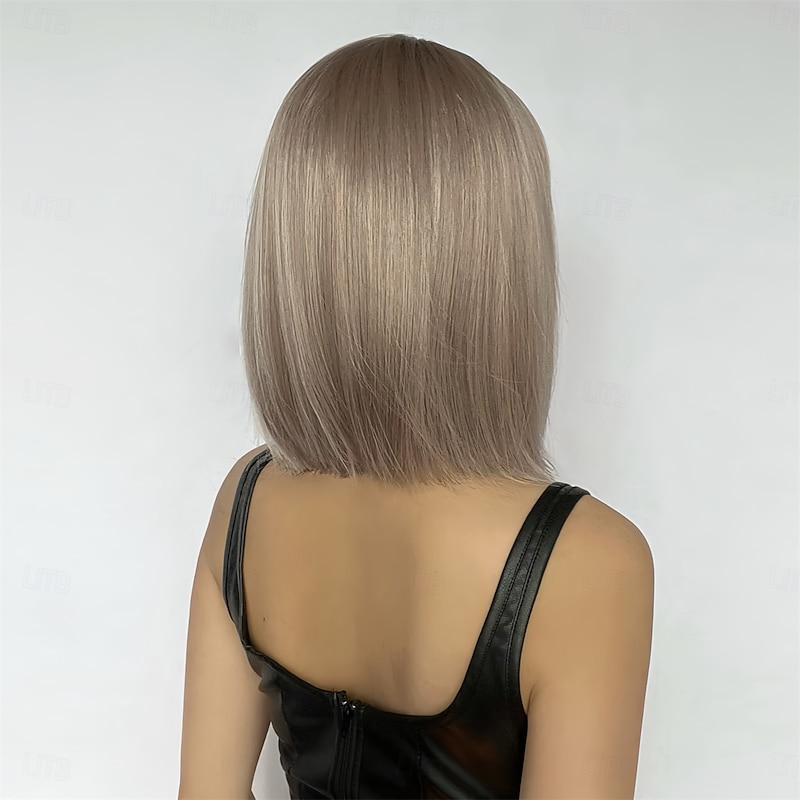 Cosplay Costume Wig kinky Straight Natural Straight Bob Neat Bang With Bangs Wig 10 inch Light golden Synthetic Hair Women's Elastic Adorable Comfortable Blonde2