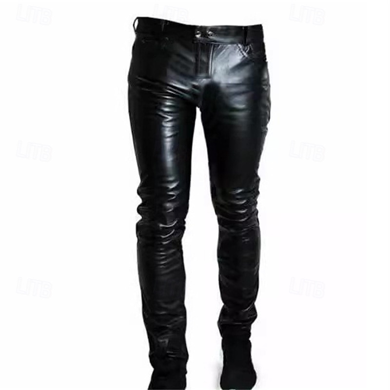 Men's Trousers Faux Leather Shorts Buttons Pocket Plain Comfort Outdoor Daily Fashion Casual Black Micro-elastic3