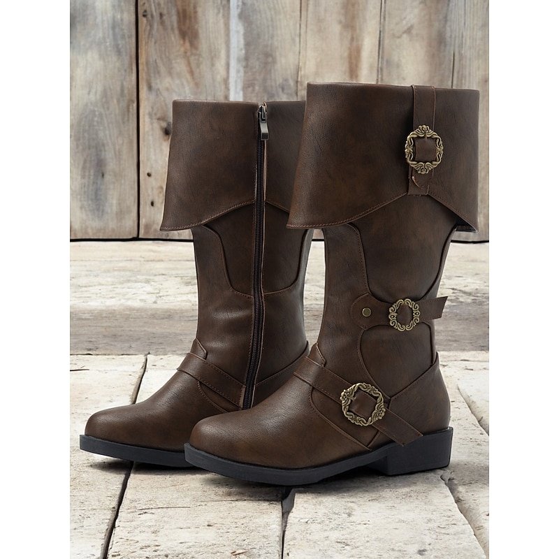 Women's Vintage Mid-Calf Witch Boots with Decorative Buckles and Folded Cuff - Vintage Pirate Style Cosplay Costume Shoes4