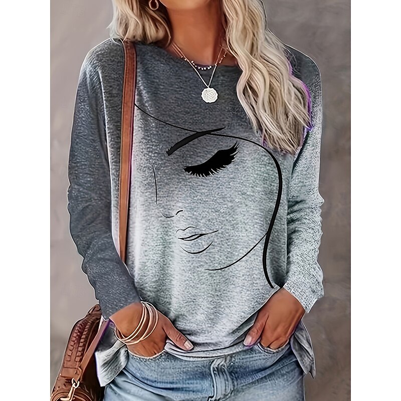 Women's T shirt Crew Neck Long Sleeve Tunic Casual Print Regular Tops Daily Khaki Gray Spring Fall