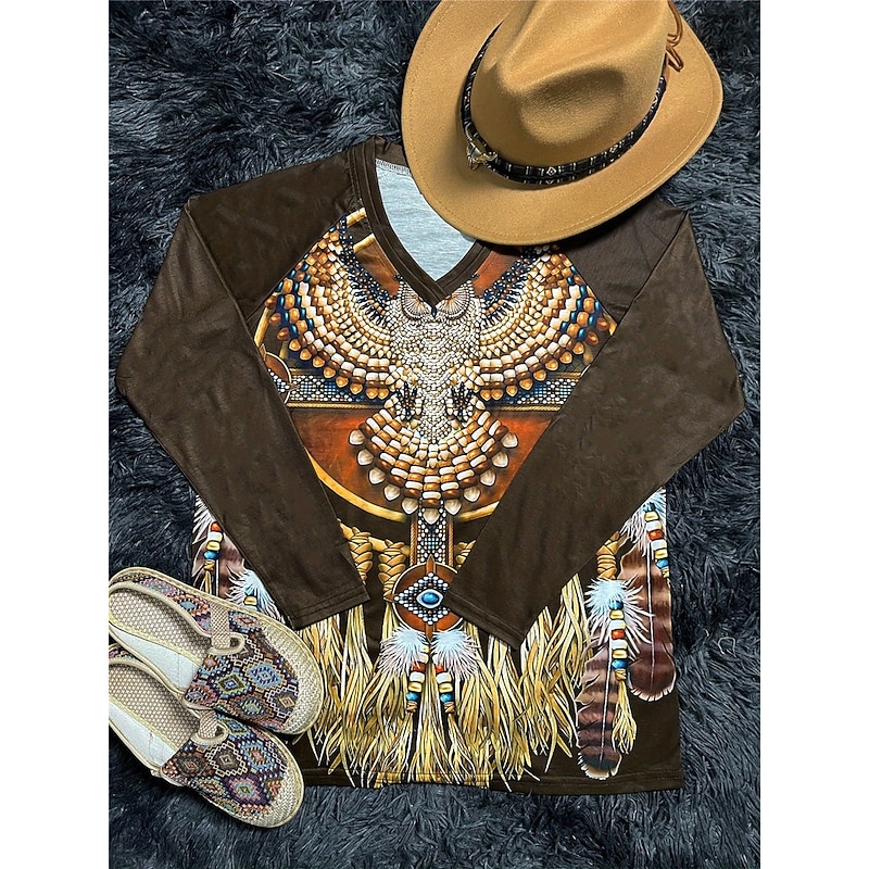 Women's T shirt Long Sleeve V Neck Long Sleeve Graphic Casual Vintage Print Regular Tops Vacation Weekend Army Green Gray Spring Fall Prefall3