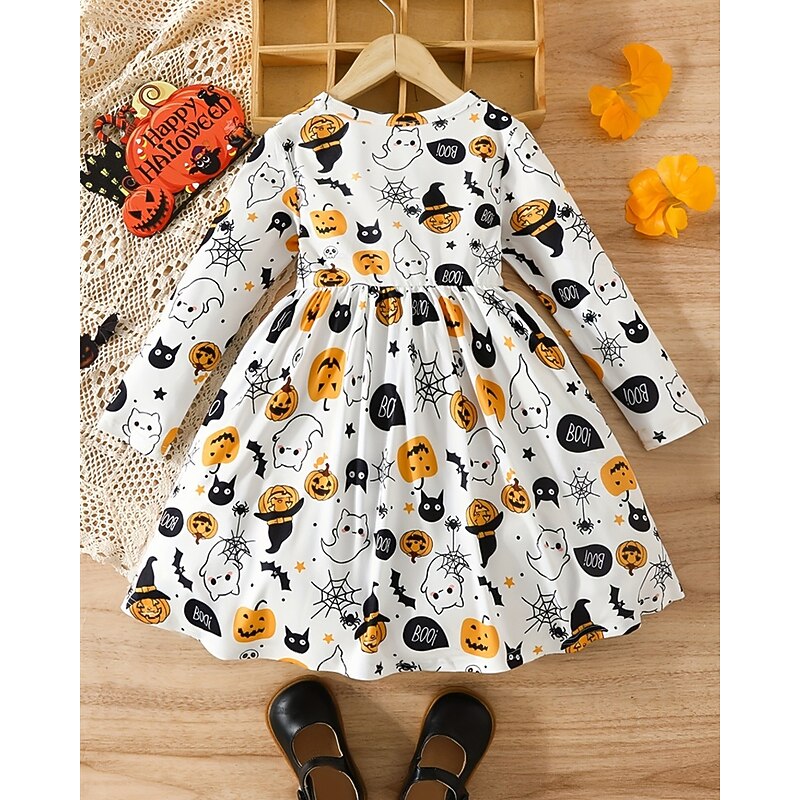 Halloween Girls' 3D Graphic Halloween pumpkin Dress Long Sleeve Spring Fall Daily Holiday Vacation Princess Beautiful Sweet Kids 4-12 Years Casual Dress A Line Dress Knee-length Polyester Regular Fit2