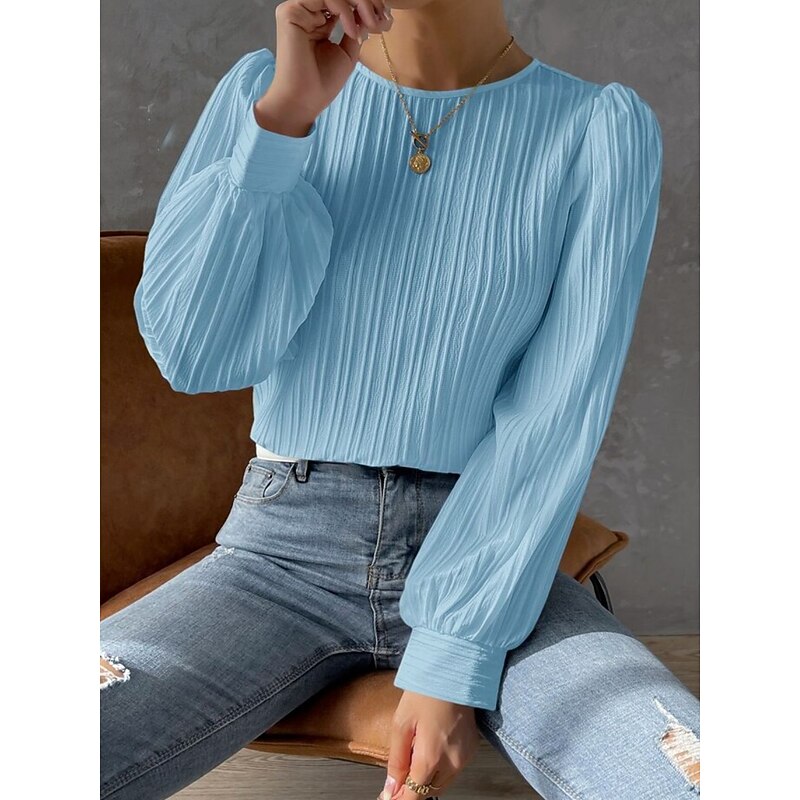 Women's Tunic Elegant Casual Solid Color Lantern Sleeve Long Sleeve Regular Tops Crew Neck Daily White Wine Blue Purple Spring Fall4