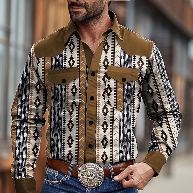 Men's Cowboy Western Shirt Button Up Shirt Cowboy Shirt Long Sleeve Vintage Western Daily Holiday Fall Winter Spring & Summer Turndown Collared Shirts 3D Print Brown