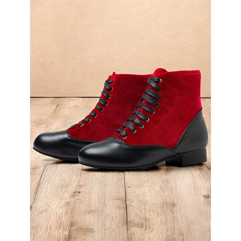 Women's Victorian Red and Black Lace-Up Ankle Boots with Suede and Leather Contrast - Vintage-Inspired Flat Heel Shoes for Cosplay and Formal Events