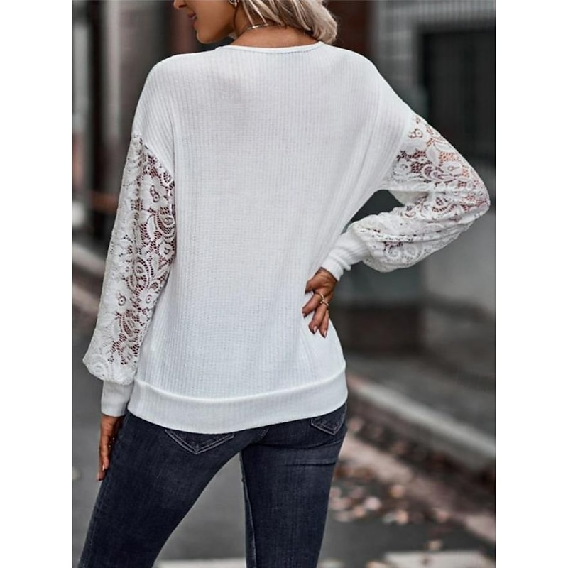 Women's Blouse Stylish Modern Solid Color Lace Eyelet Long Sleeve V Neck Daily Black White Spring Fall2